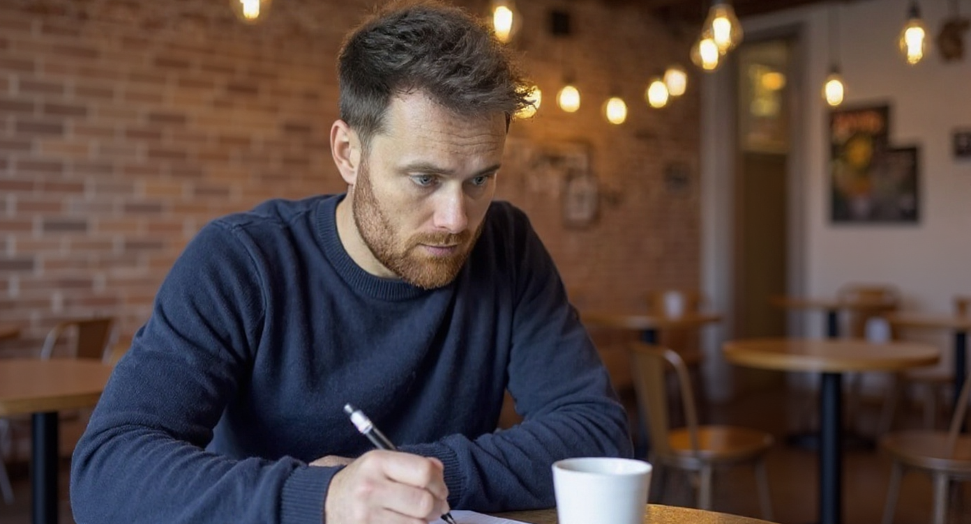 Tom Pearson working from a cafe