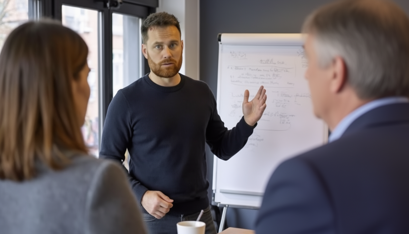 Tom Pearson presenting strategy to a team at a flipchart